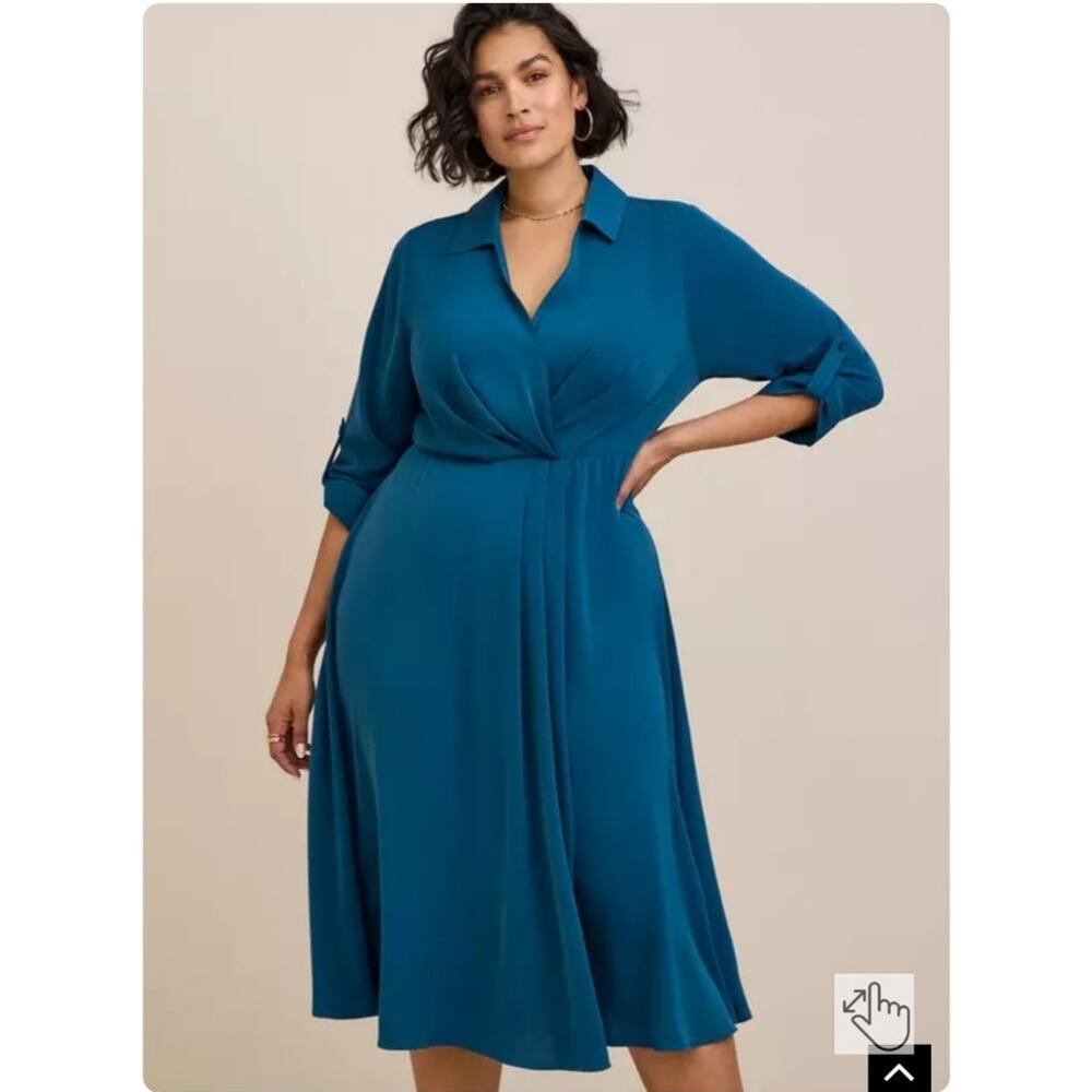 Torrid 3X Teal Fit & Flare Midi Dress Cinch Waist Collared Work Event